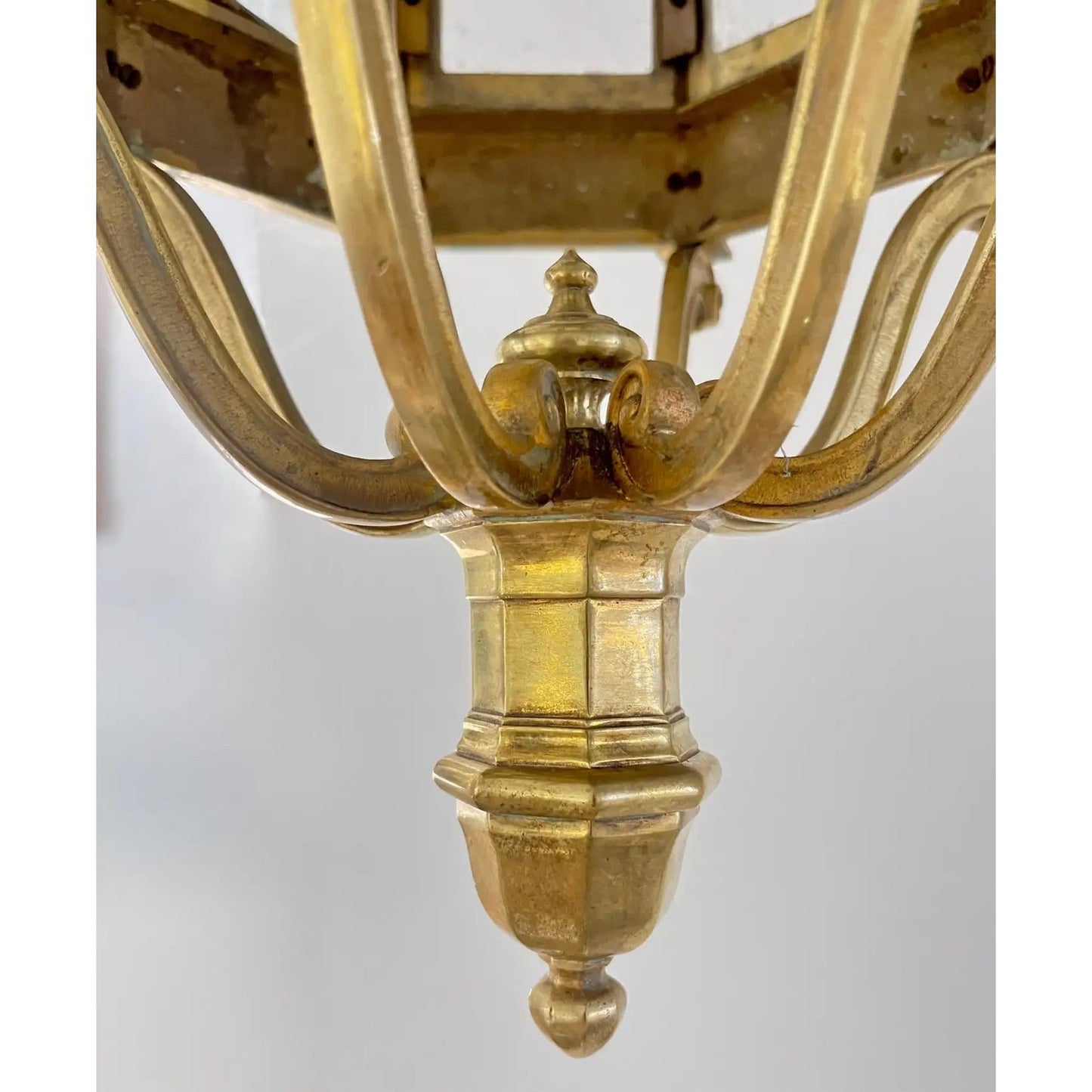 1860 French Antique Gothic Revival Cast Brass Pendant Lantern With Arch Windows