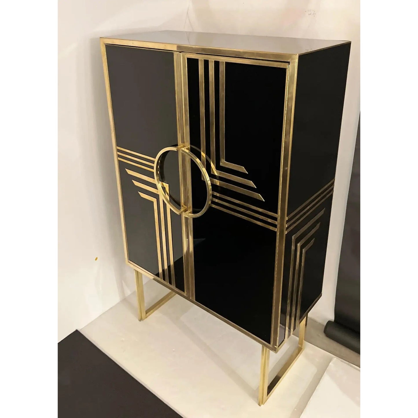 1970s Italian Vintage Art Deco Geometric Gold Brass & Black Glass Tall Cabinet