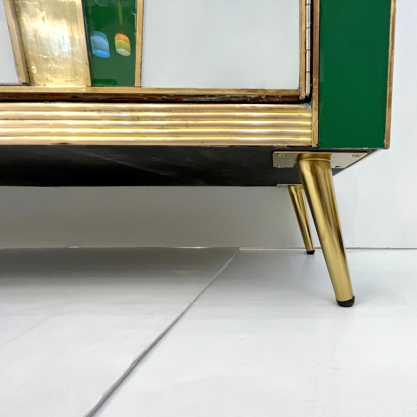 Vintage Italian Post Modern 2-Door Green White Brass Murano Glass Sideboard