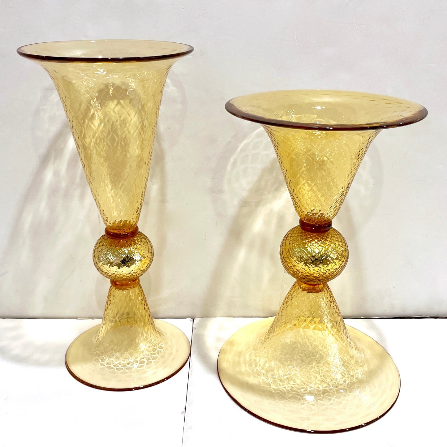 Modern Italian Gold Honeycomb Murano Glass Tall Round Conical Double Vase