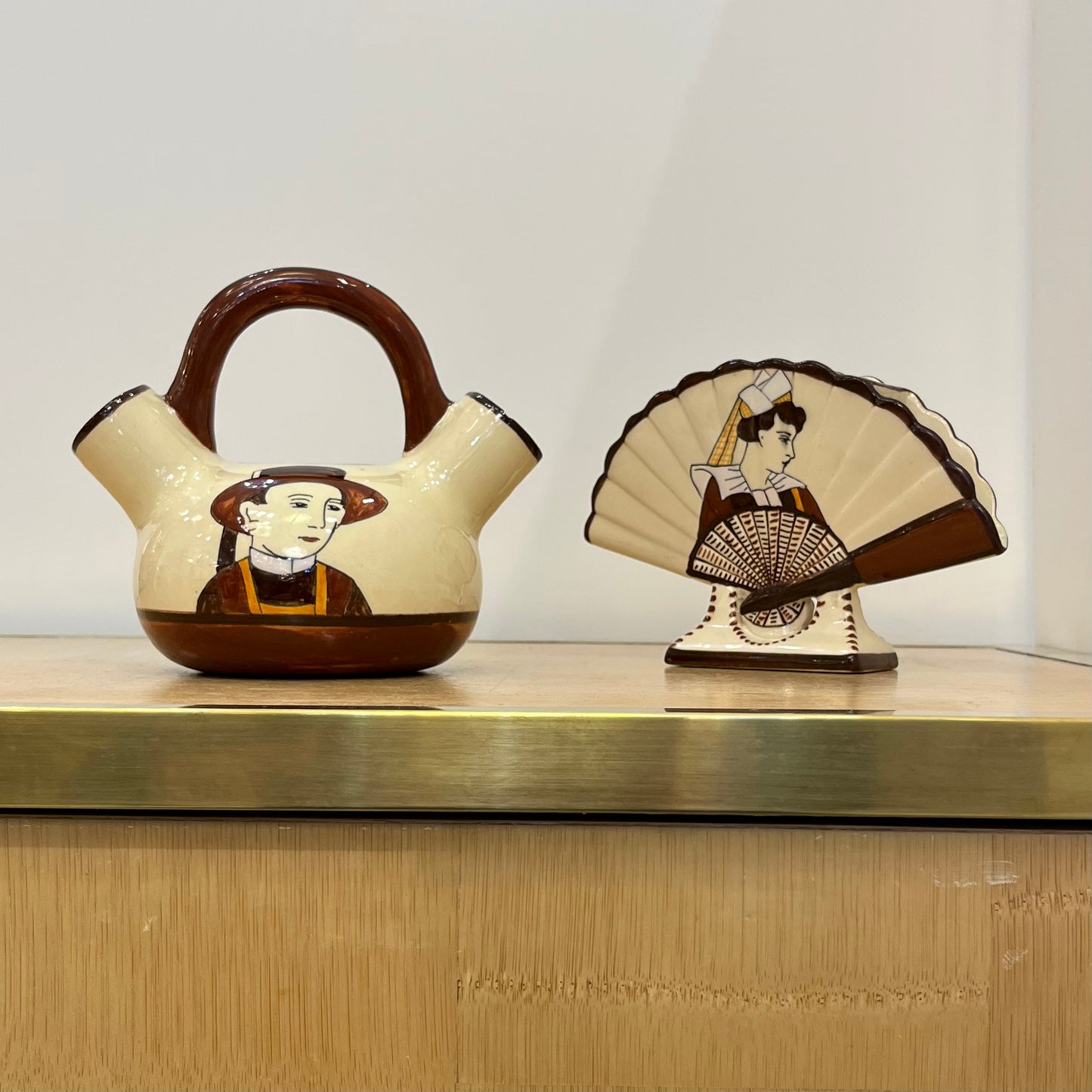 1930s French Signed Henriot Quimper Faience Yellow Fan Breton Man Woman Decor