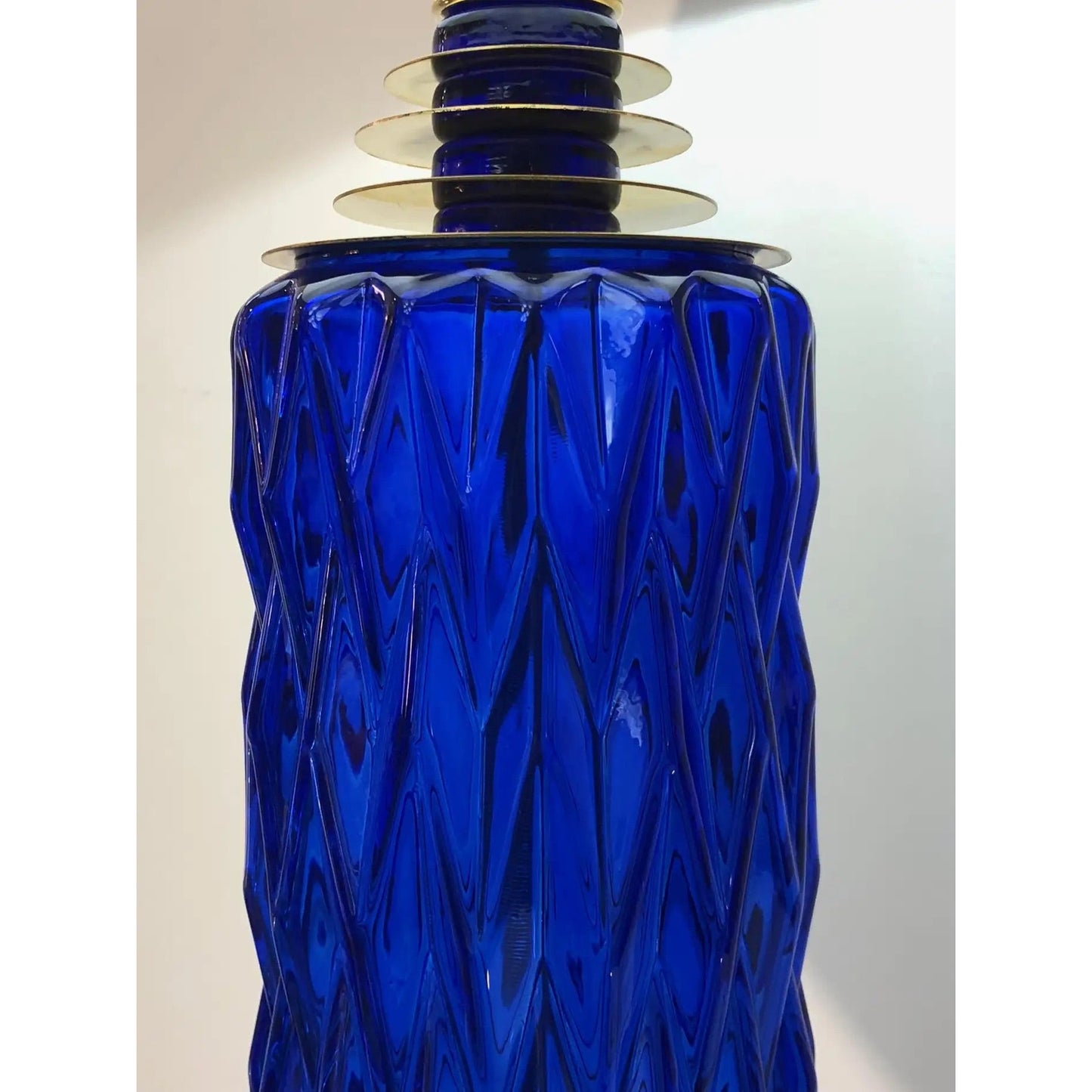 Contemporary Italian Modern Pair of Cobalt Blue Murano Glass Brass Table Lamps