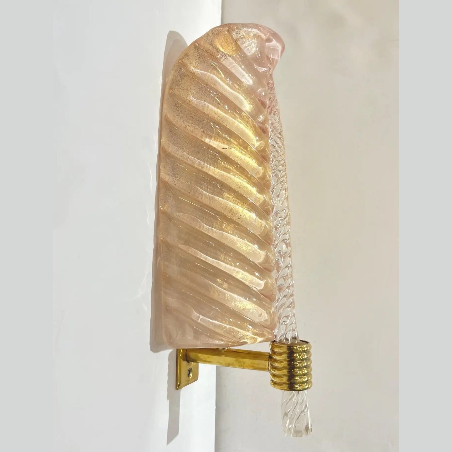 Contemporary Italian Art Deco Pair of Pink Gold Leaf Murano Glass Brass Sconces