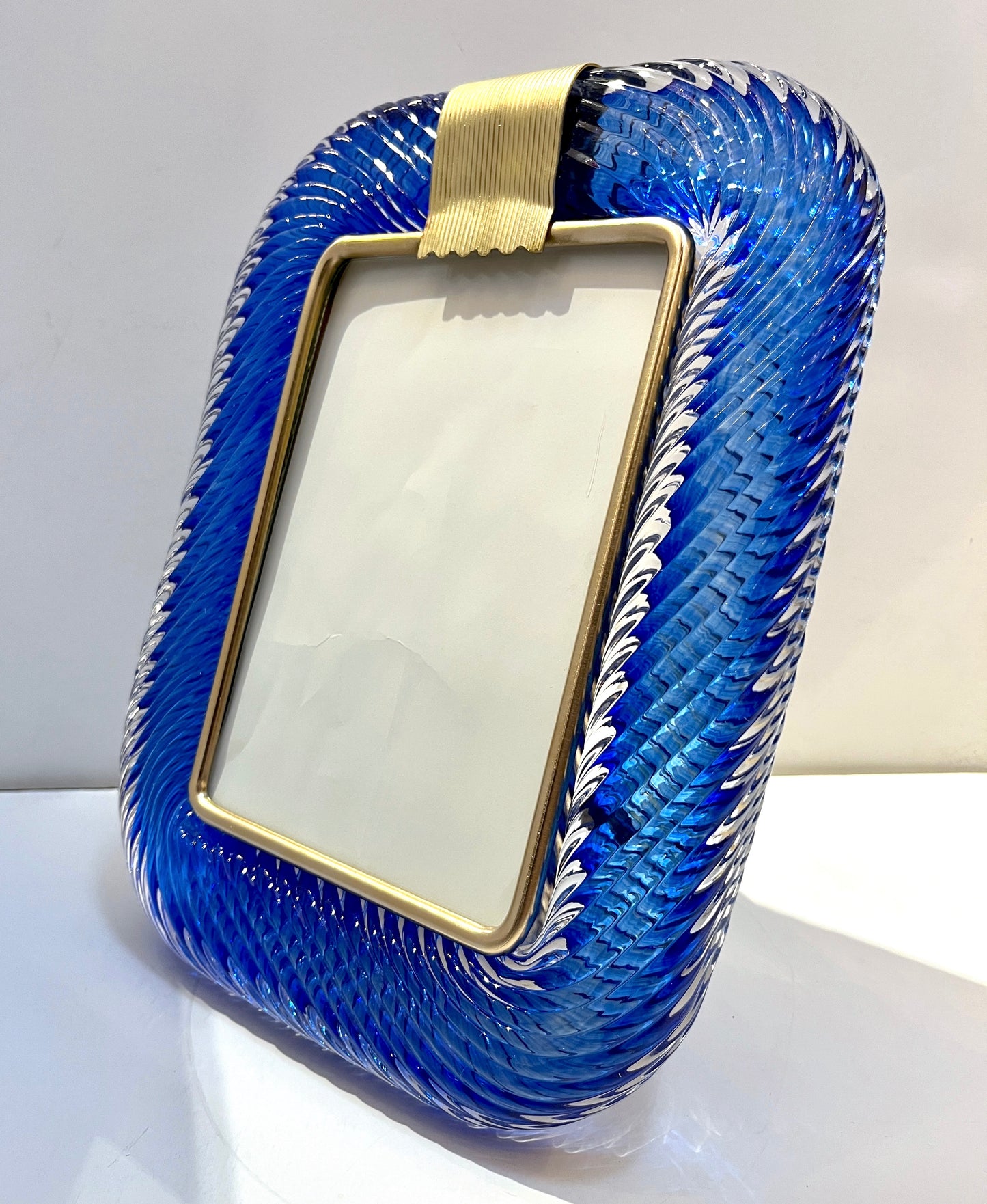 2000s Barovier Toso Italian Royal Blue Twisted Murano Glass Brass Picture Frame