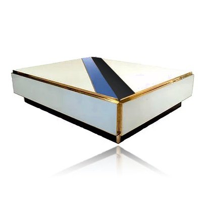 Custom Italian Art Design 2-Drawer Red Blue Stripe White Glass Low Coffee Table