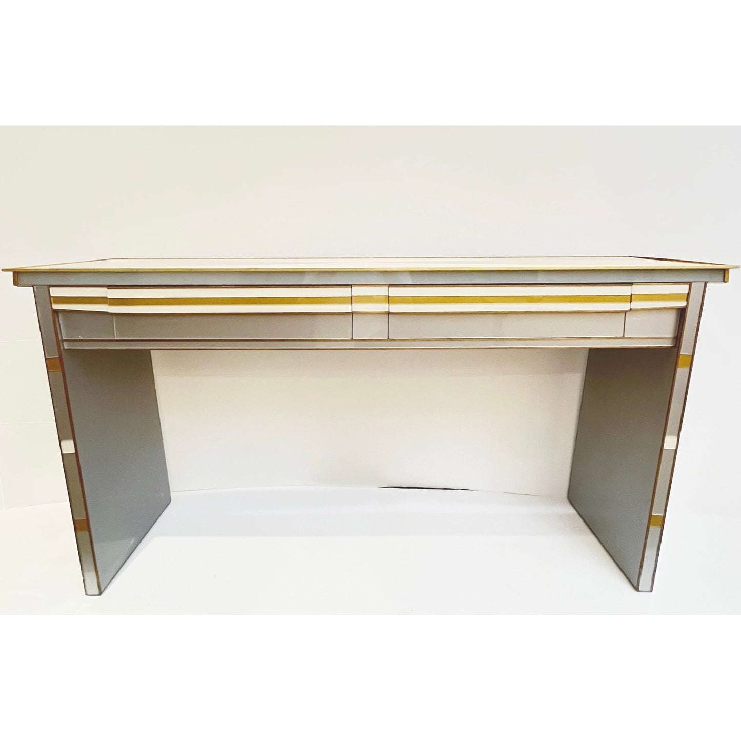 1970s Vintage Italian Art Deco Design Silver White Gold Glass 2-Drawer Console