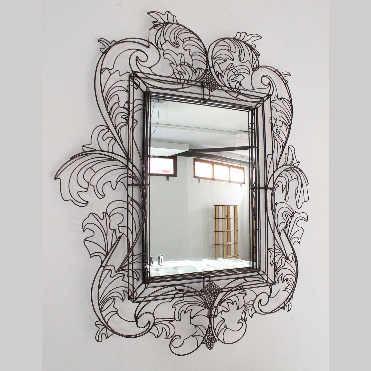 2000 Italian Modern Spazzapan Rococo Style Sculptural Black Metal Wire Mirror