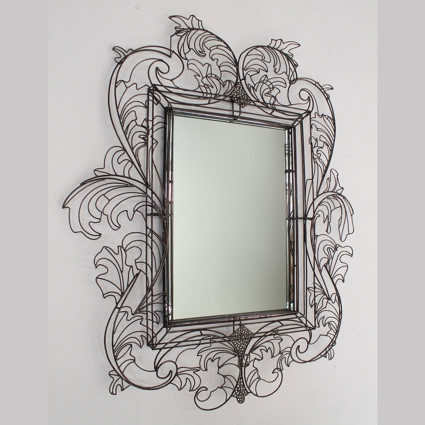 2000 Italian Modern Spazzapan Rococo Style Sculptural Black Metal Wire Mirror