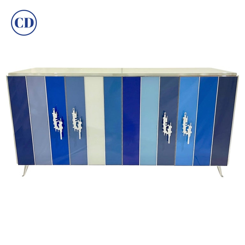 Customizable Italian Post Modern Blue Grey White Glass Nickel Cabinet/Sideboard