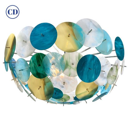 Modern Italian Aqua Blue Green White Cream Murano Glass Nickel Sputnik Flushmount