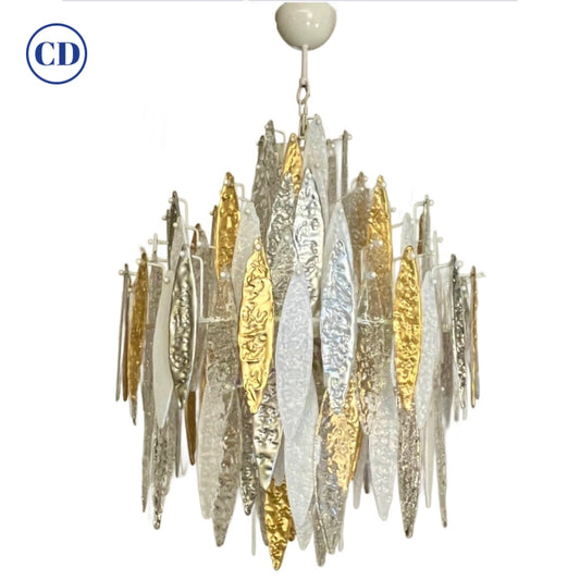Modern Italian Silver Gold Frosted White Crystal Murano Glass Icicle Chandelier