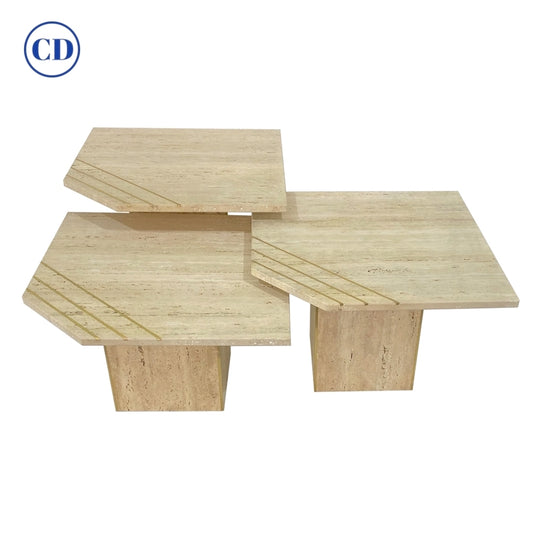 Italian Contemporary Modern Travertine Nesting Tables Set with Brass Insets