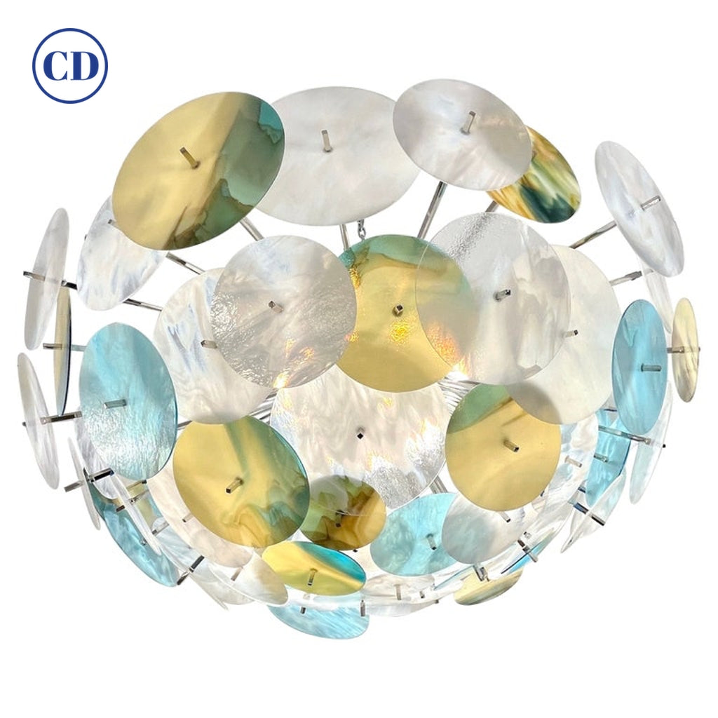 Modern Italian White Aqua Blue Yellow Murano Glass Nickel Sputnik Flushmount