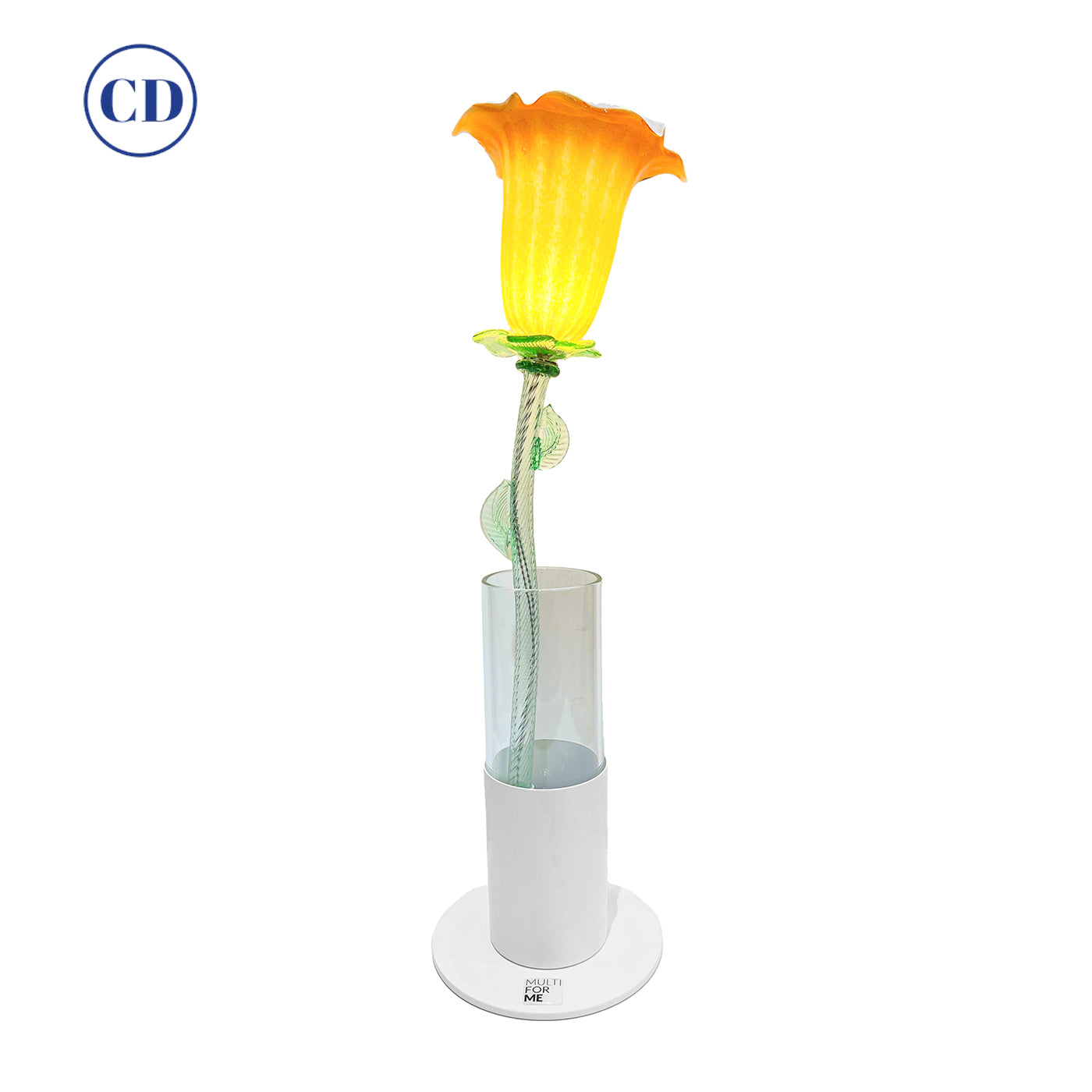 Italian Design Organic Modern Orange Art Glass Lit Flower White Vase/Table Lamp