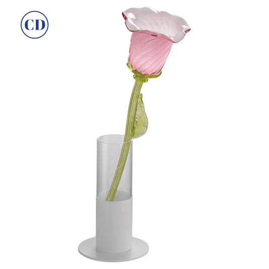 Italian Design Organic Modern Pink Art Glass Lit Flower White Vase/Table Lamp