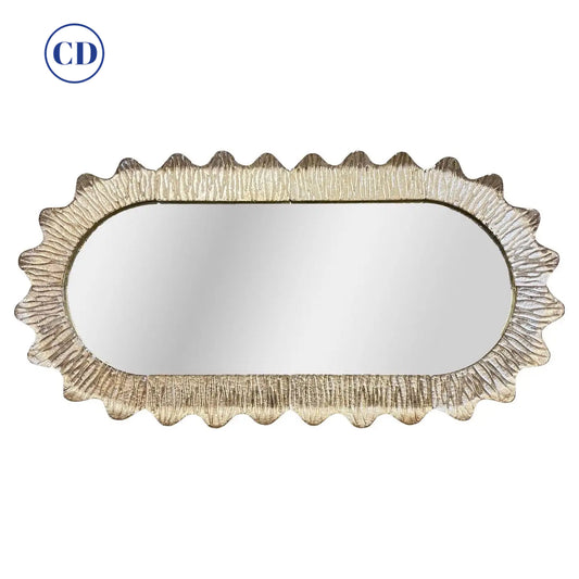 Modern Italian Art Deco Style Curved Ivory Cream Murano Glass Brass Oval Mirror