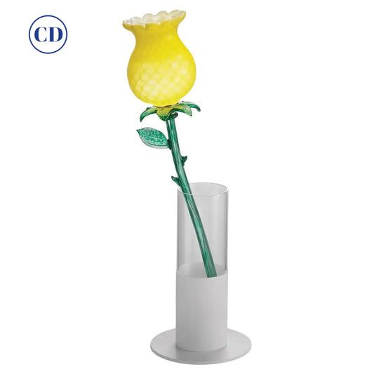 Italian Design Organic Modern Yellow Art Glass Lit Flower White Vase/Table Lamp