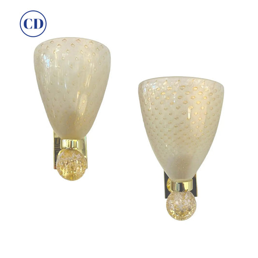 Contemporary Italian Art Deco Design Crystal Gold Frosted Murano Glass Sconces