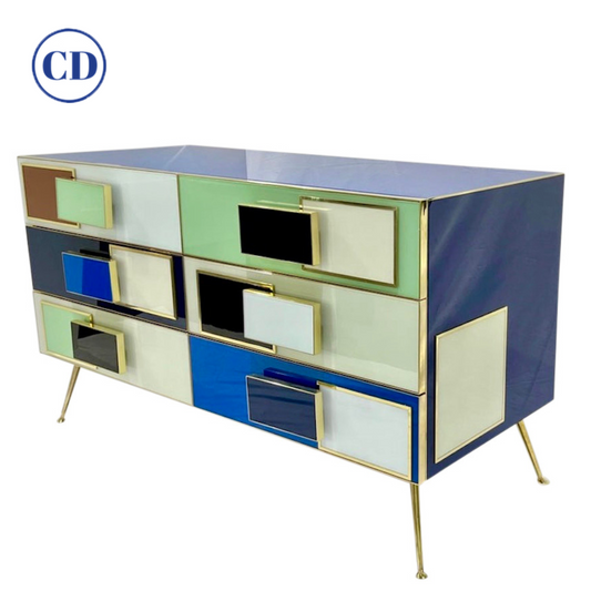 Bespoke Italian Mondrian Style Blue Green White Brown Modern Brass Dresser/Chest