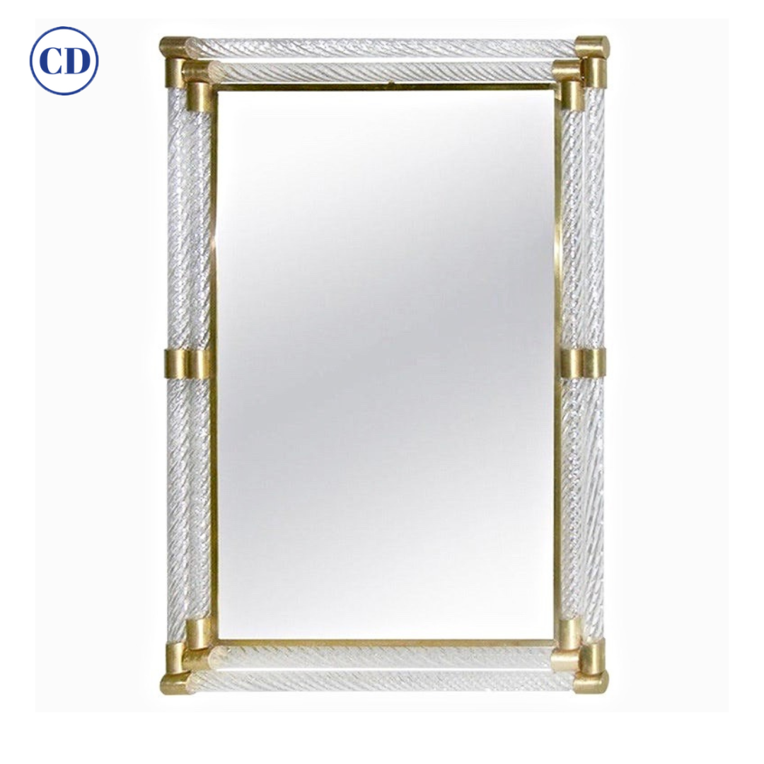 Italian Double Frame Twisted Crystal Murano Glass Mirror with Gold Brass Accents