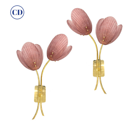 Contemporary Italian 2-Branch Pink Murano Glass Tulip Flower Gold Brass Sconces