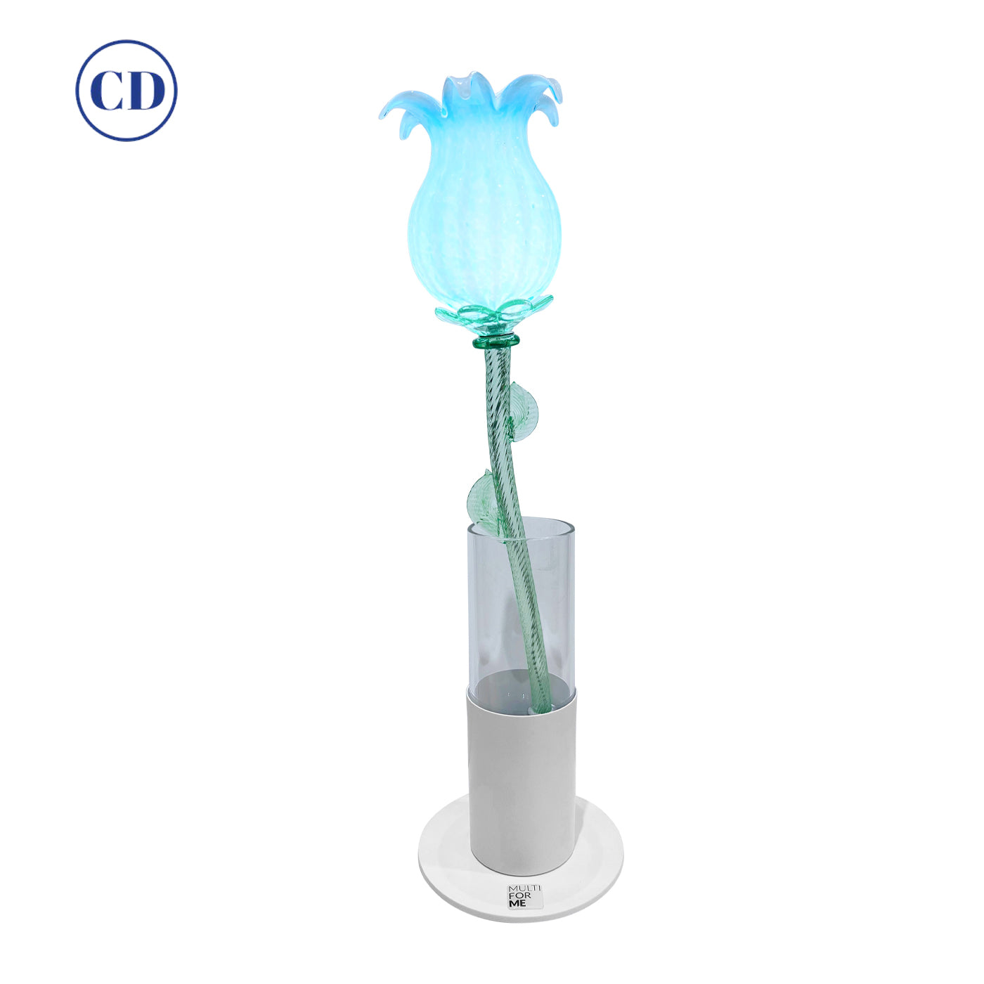 Italian Organic Modern Turquoise Blue Art Glass Lit Flower White Vase/Table Lamp