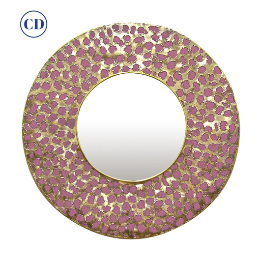 Italian Brutalist Perforated Rose Pink Lacquer & Gold Brass Modern Round Mirror