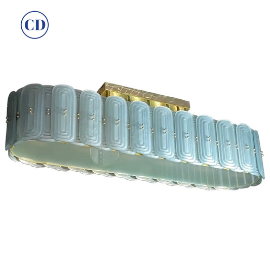 Italian Fontana Arte Style Pearl Aqua Blue Murano Glass Oval Brass Chandelier