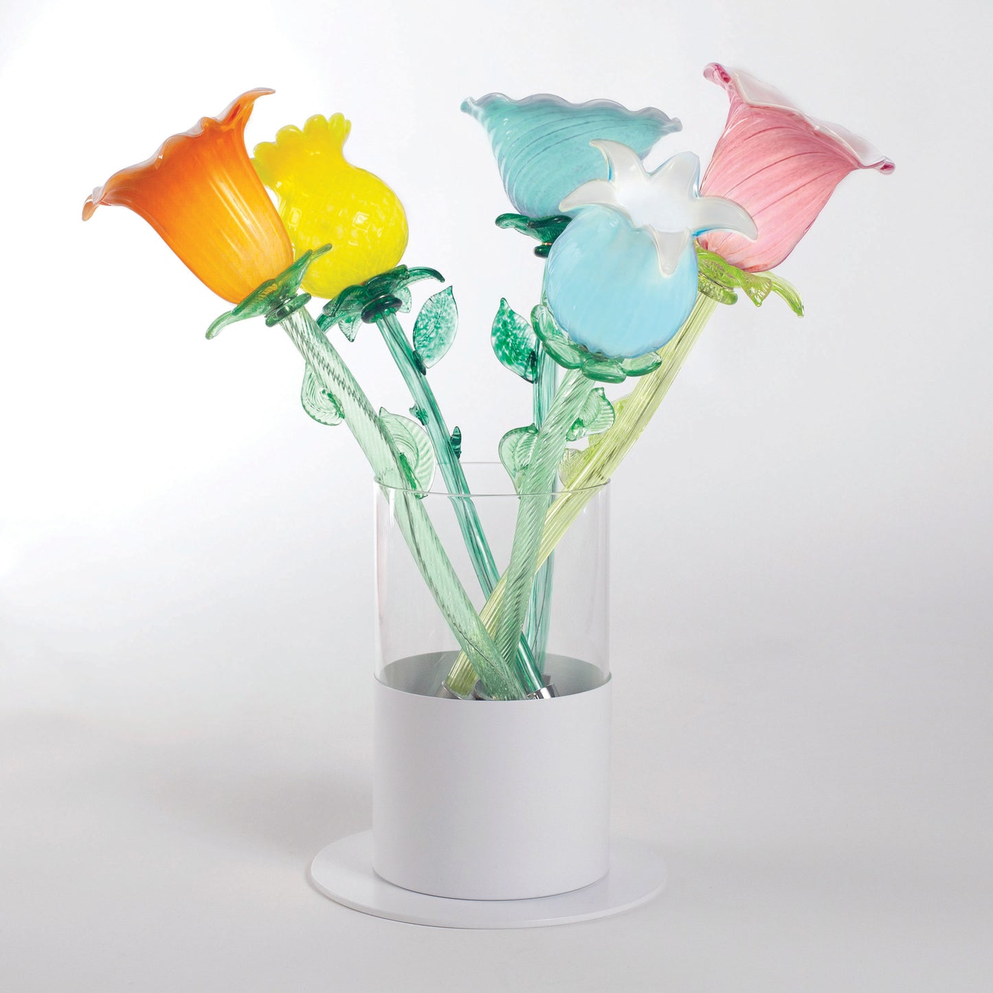 Italian Organic Modern Turquoise Blue Art Glass Lit Flower White Vase/Table Lamp