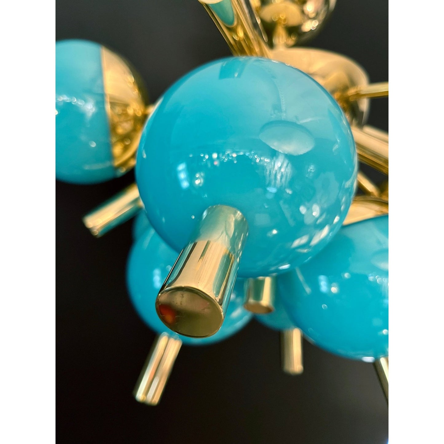 Custom Italian Turquoise Gold Murano Brass Sputnik Globe Flushmount Chandeliers