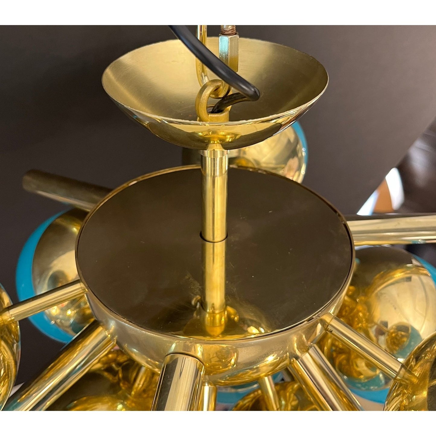 Custom Italian Turquoise Gold Murano Brass Sputnik Globe Flushmount Chandeliers