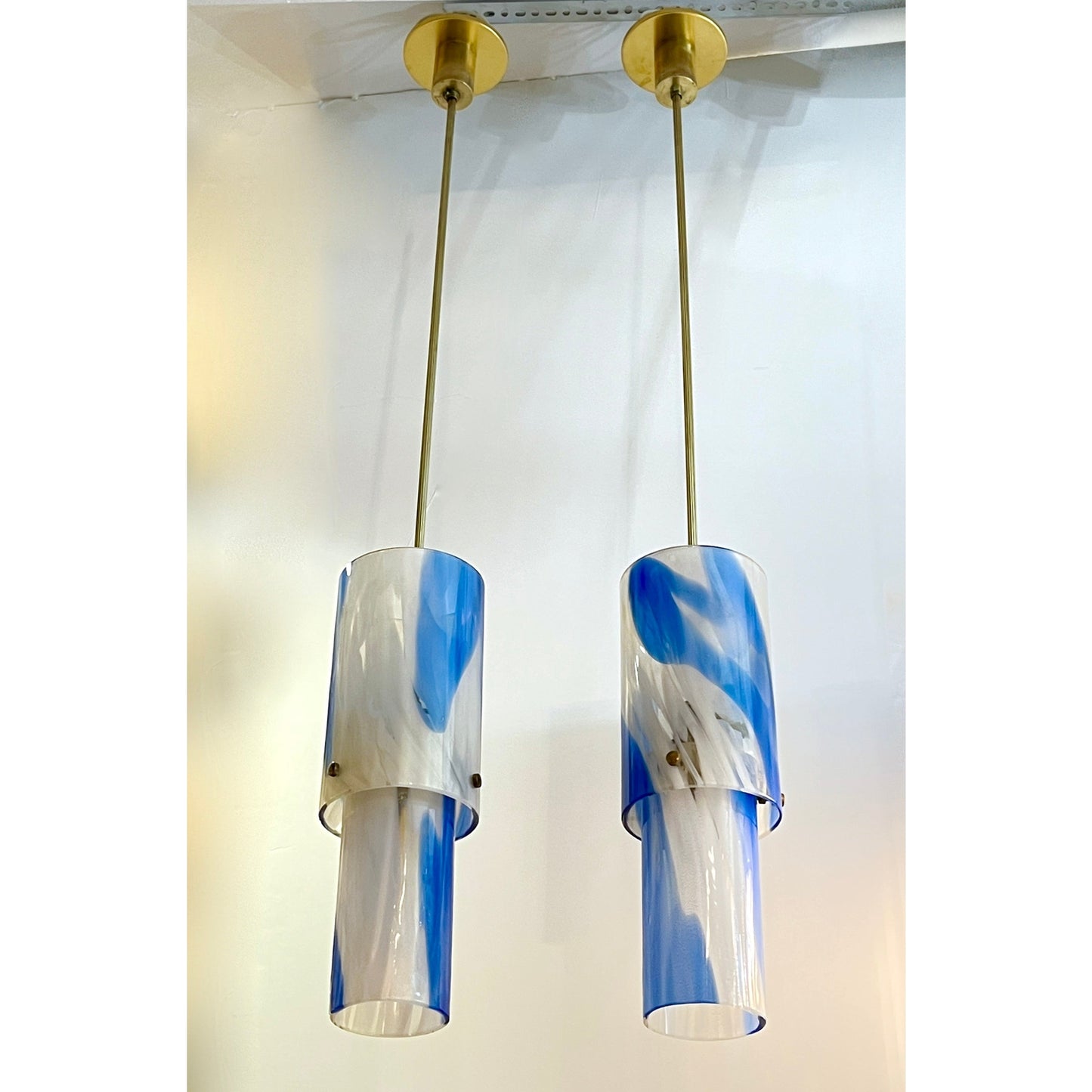 1960s Venini Organic White Blue Gold Murano Glass Tall Pair Modern Pendants