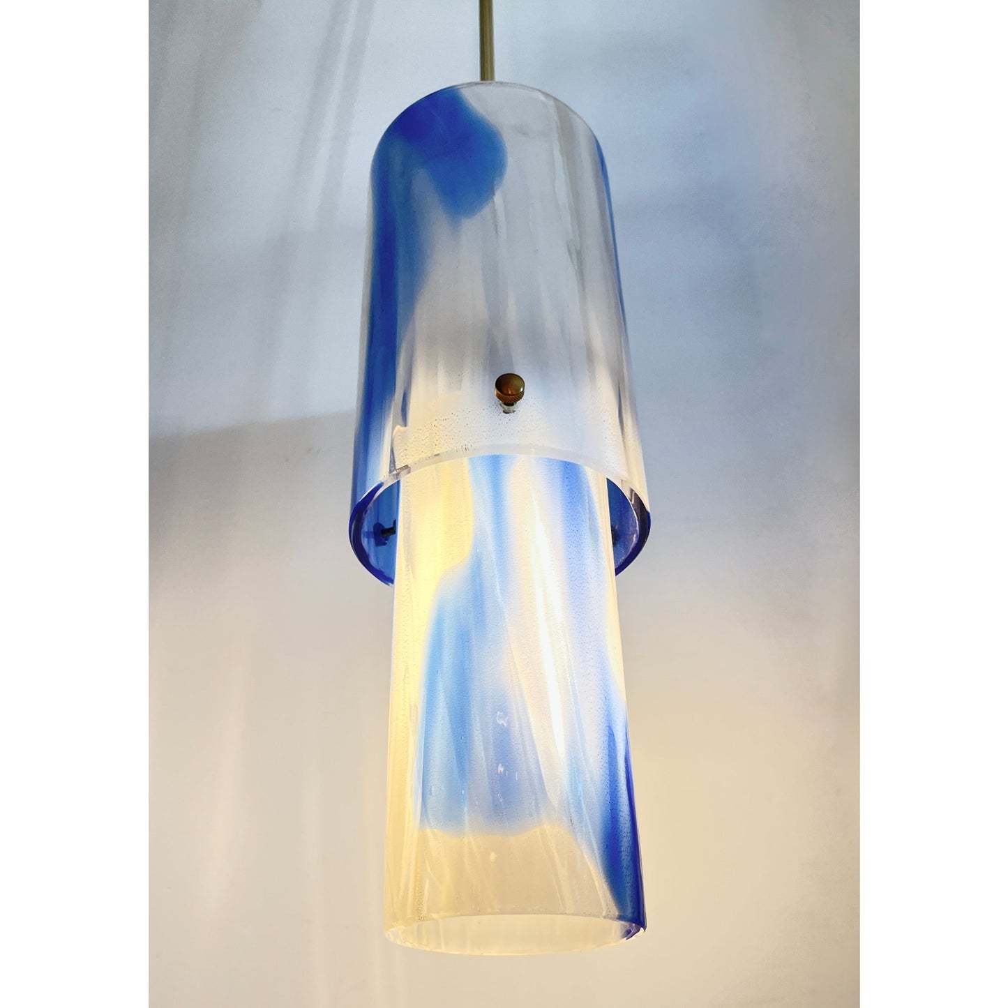 1960s Venini Organic White Blue Gold Murano Glass Tall Pair Modern Pendants