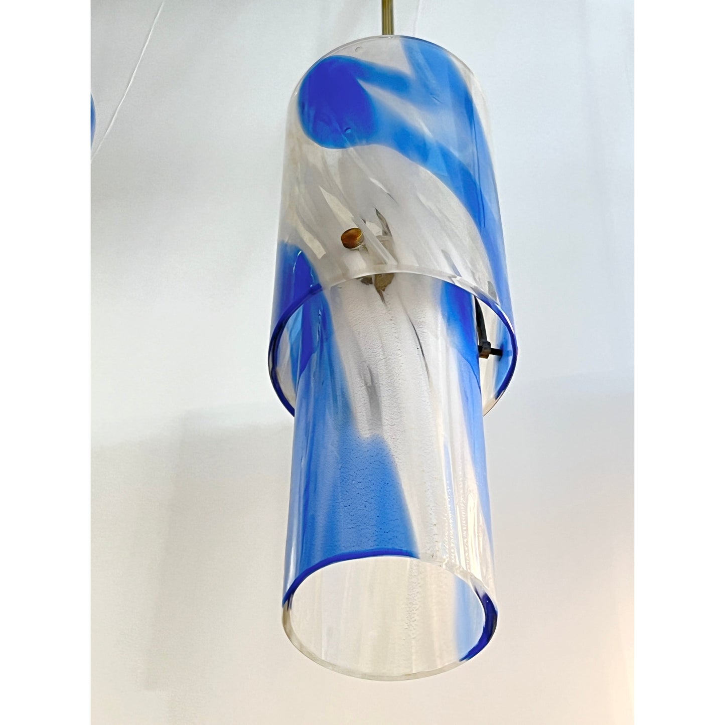 1960s Venini Organic White Blue Gold Murano Glass Tall Pair Modern Pendants
