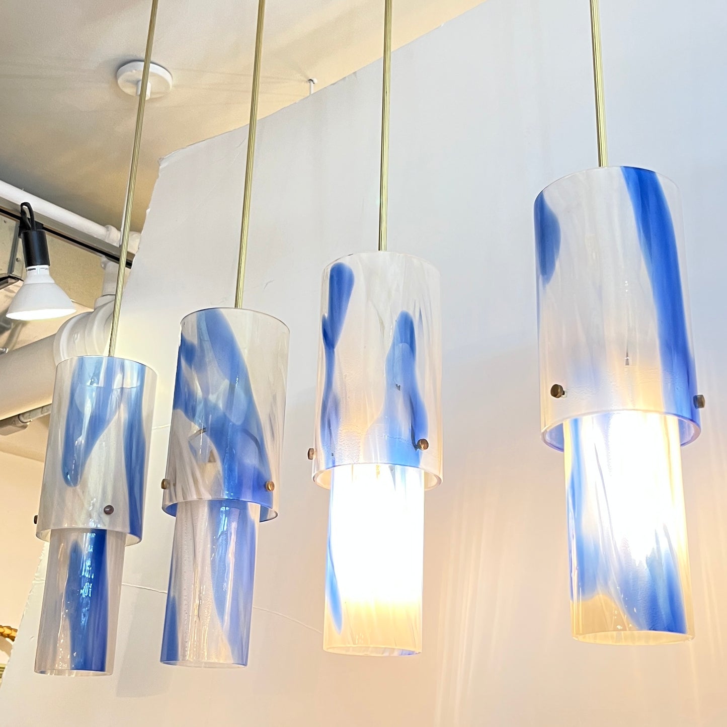 1960s Venini Organic White Blue Gold Murano Glass Tall Pair Modern Pendants