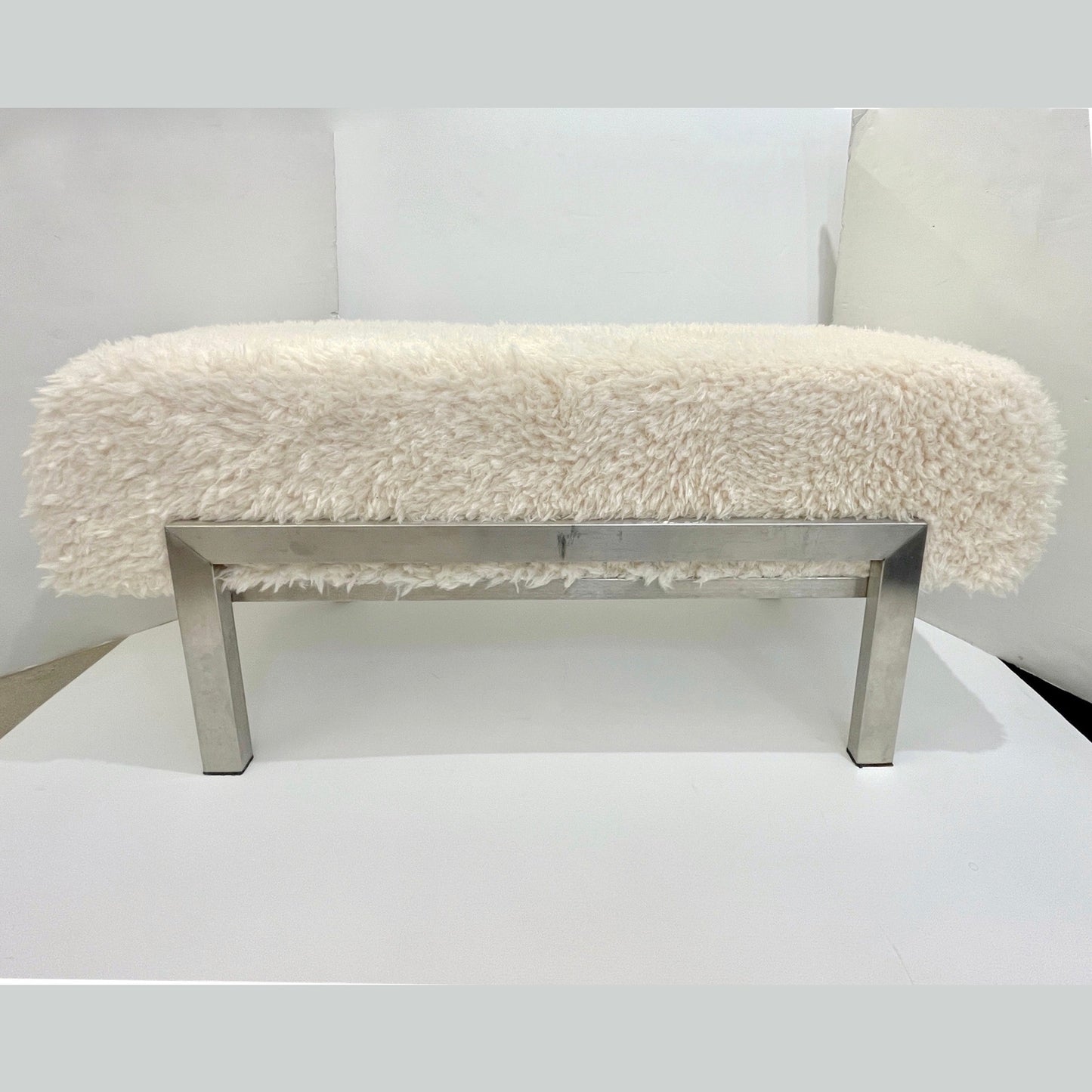 1970 Italian Vintage White Himalayan Faux Fur Steel Bed Stool Bench-2 available