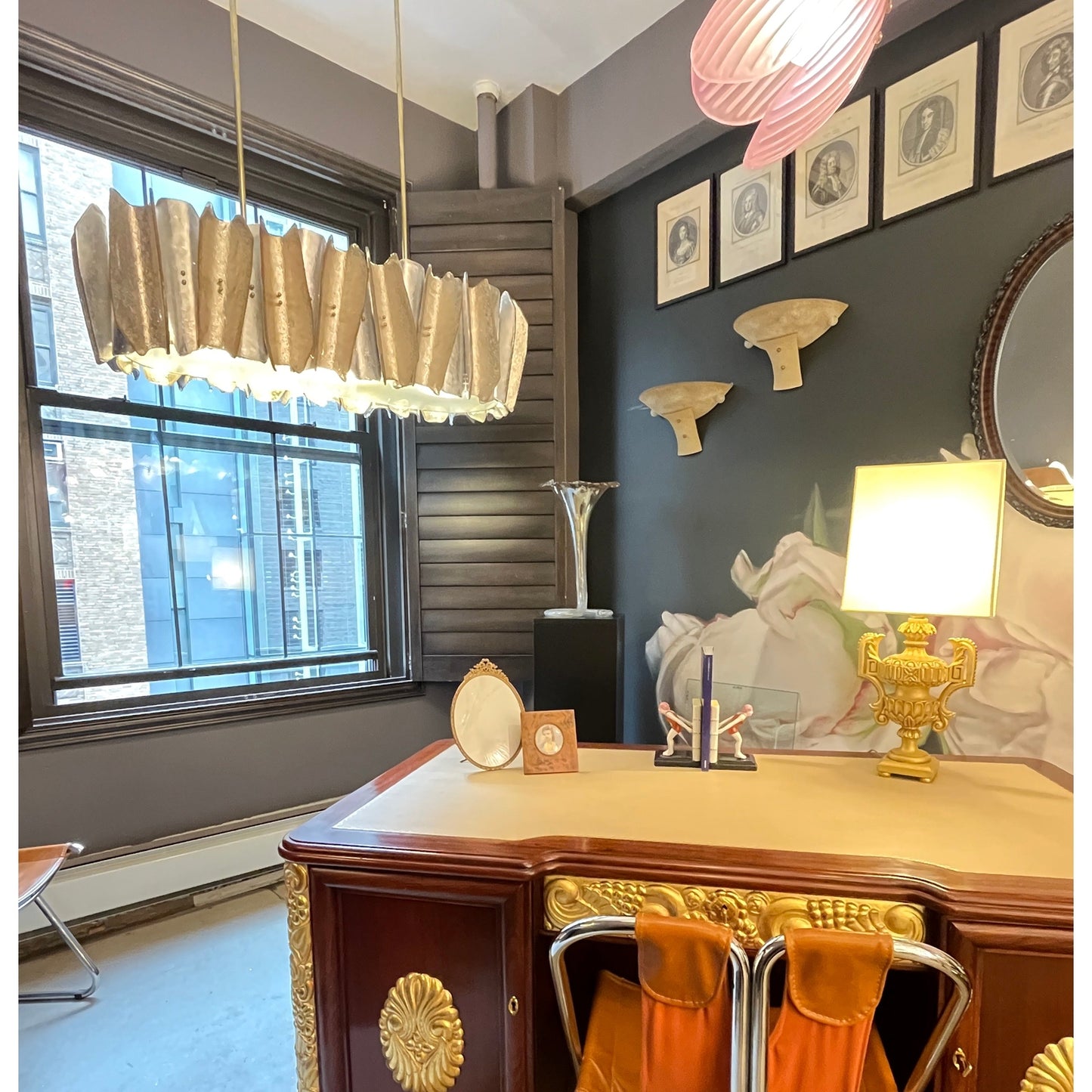 Italian Post Modern Amber Gold Silver Murano Glass Graphic Brass Oval Chandelier