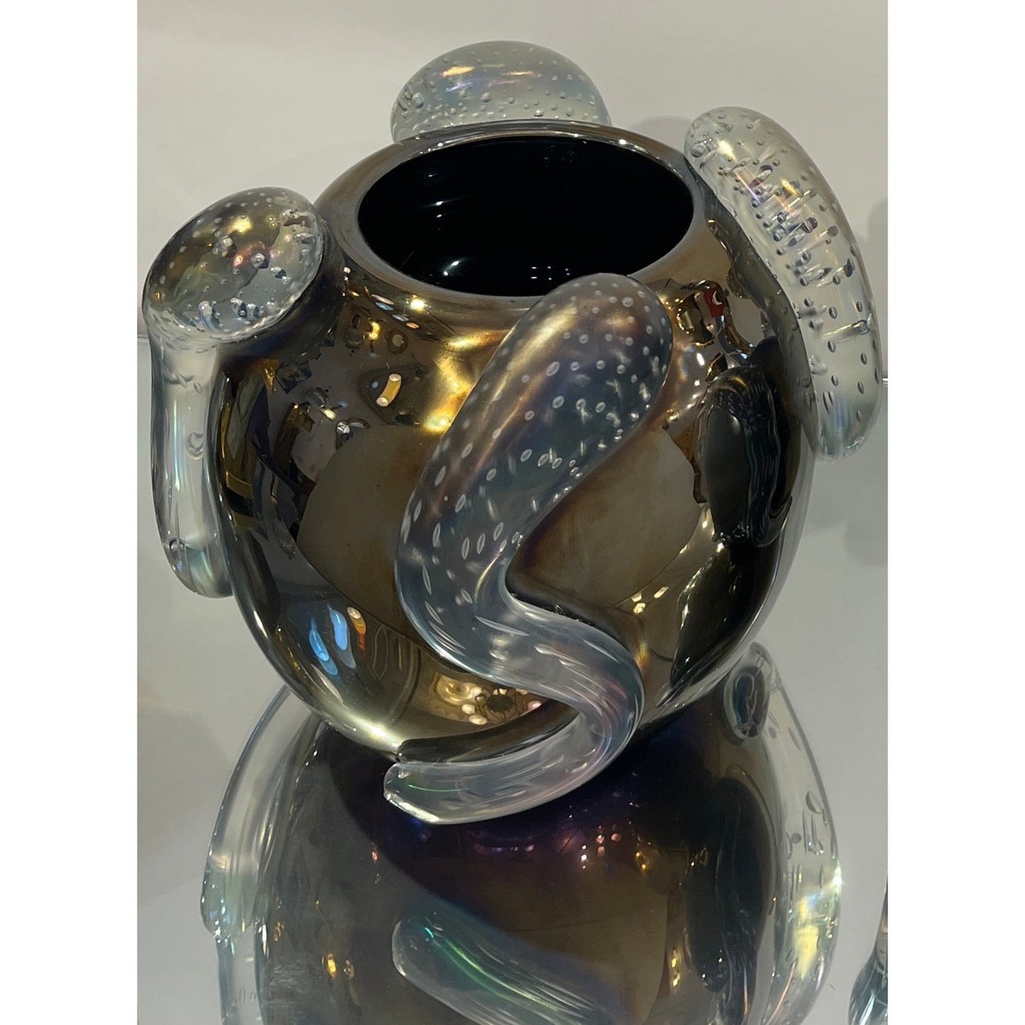 Costantini Italian Pair of Sculpture Iridescent Black Murano Glass Round Vases