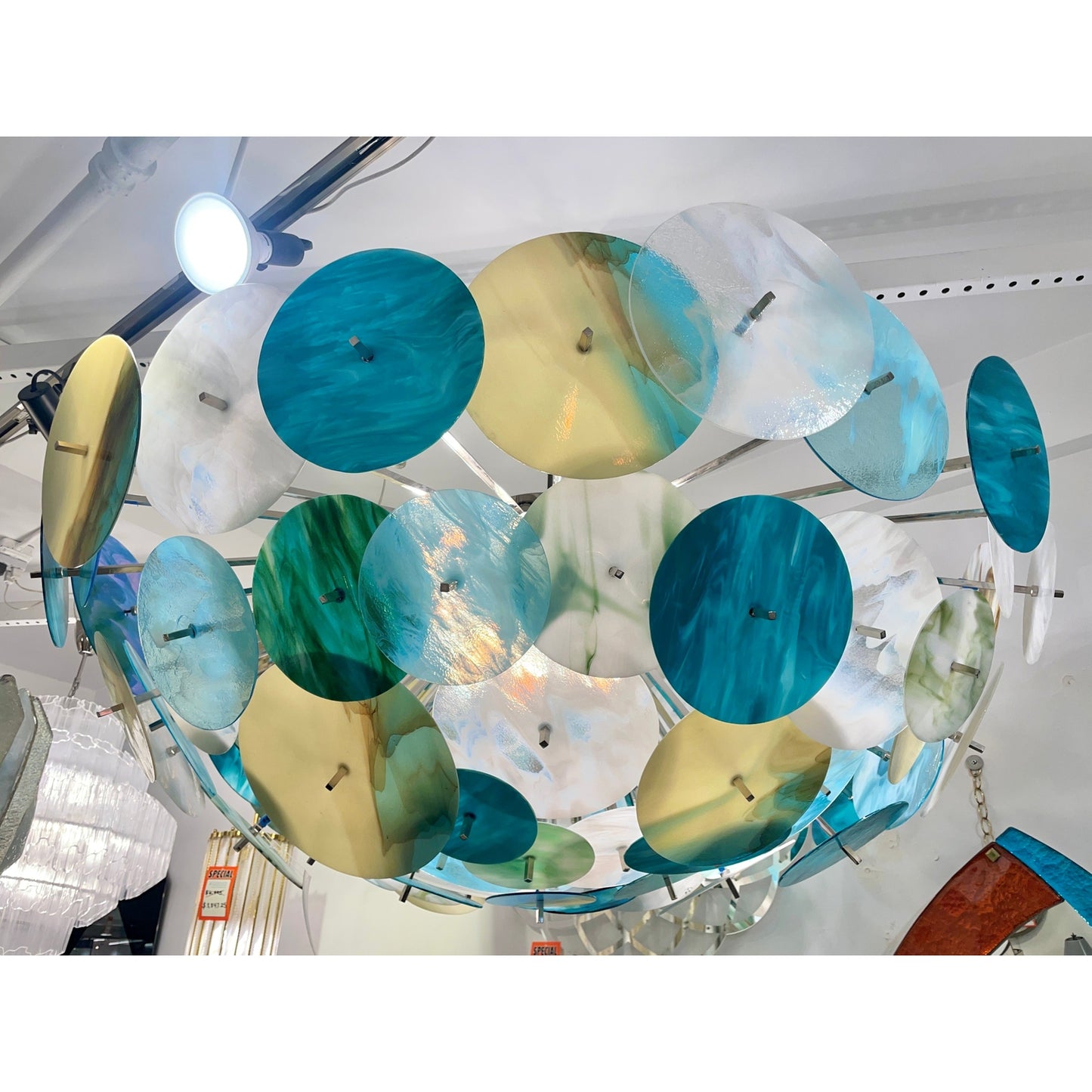 Modern Italian Aqua Blue Green White Cream Murano Glass Nickel Sputnik Flushmount