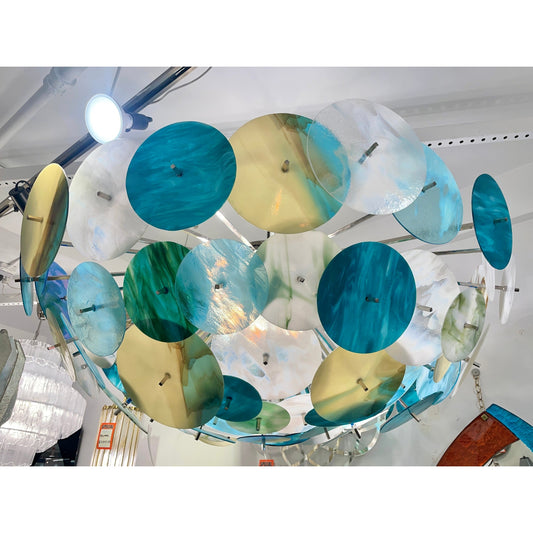 Modern Italian Aqua Blue Green White Cream Murano Glass Nickel Sputnik Flushmount