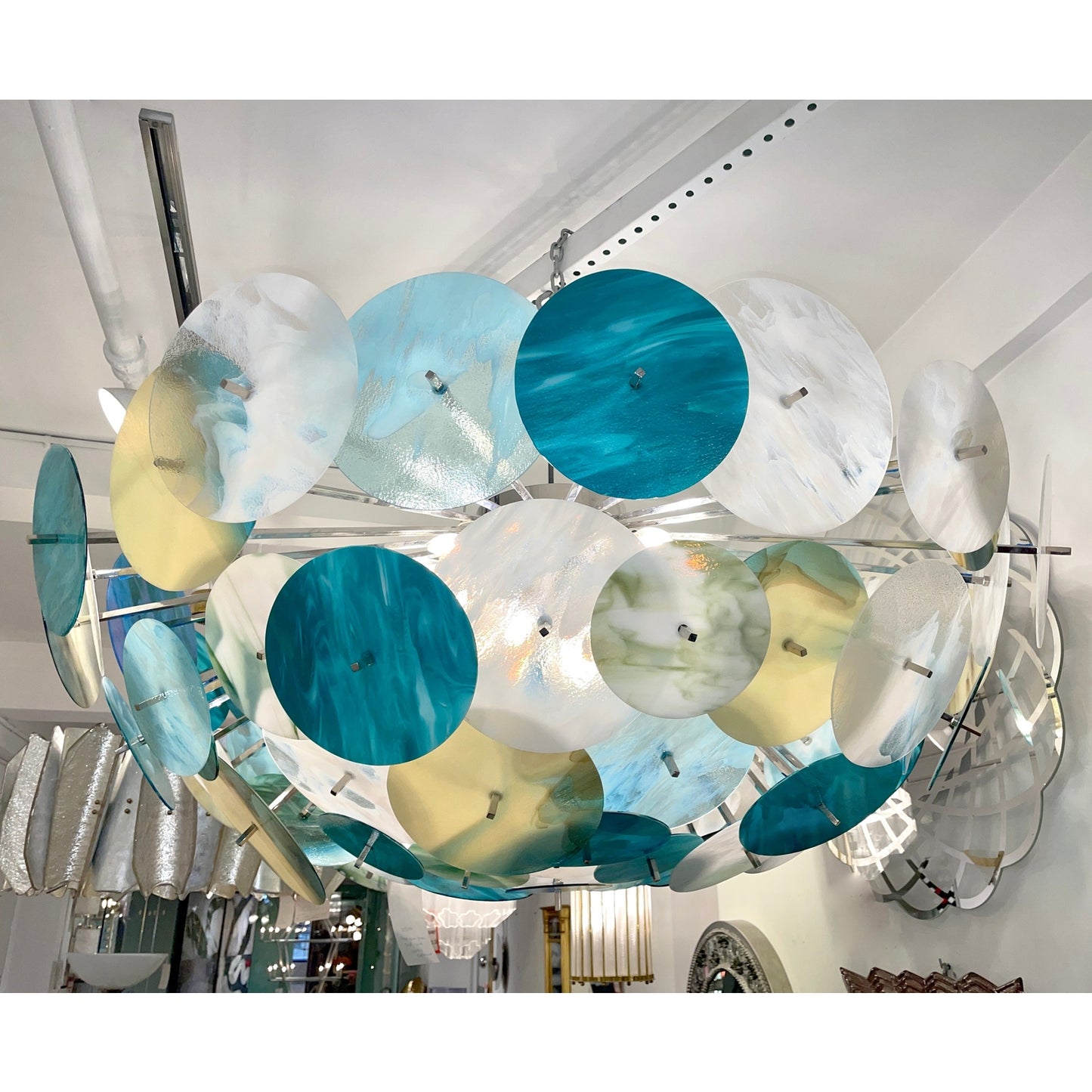 Modern Italian Aqua Blue Green White Cream Murano Glass Nickel Sputnik Flushmount