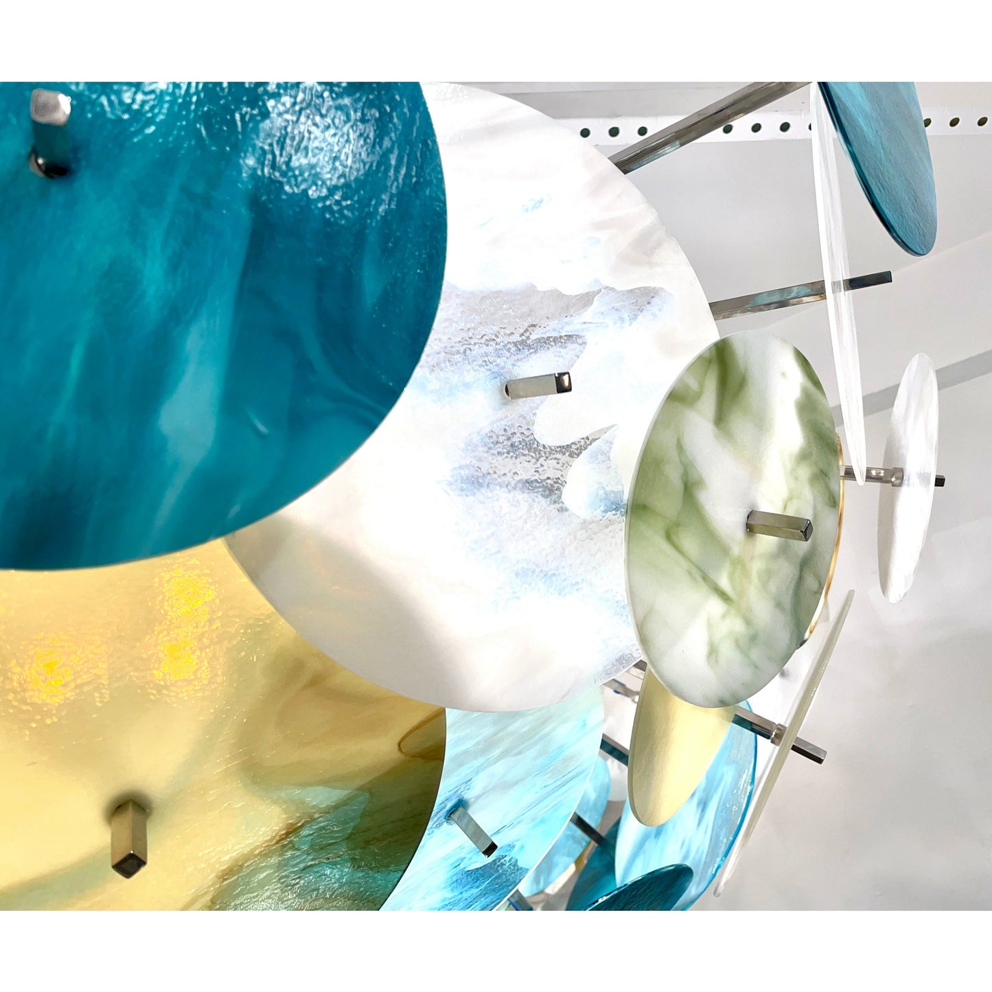 Modern Italian Aqua Blue Green White Cream Murano Glass Nickel Sputnik Flushmount