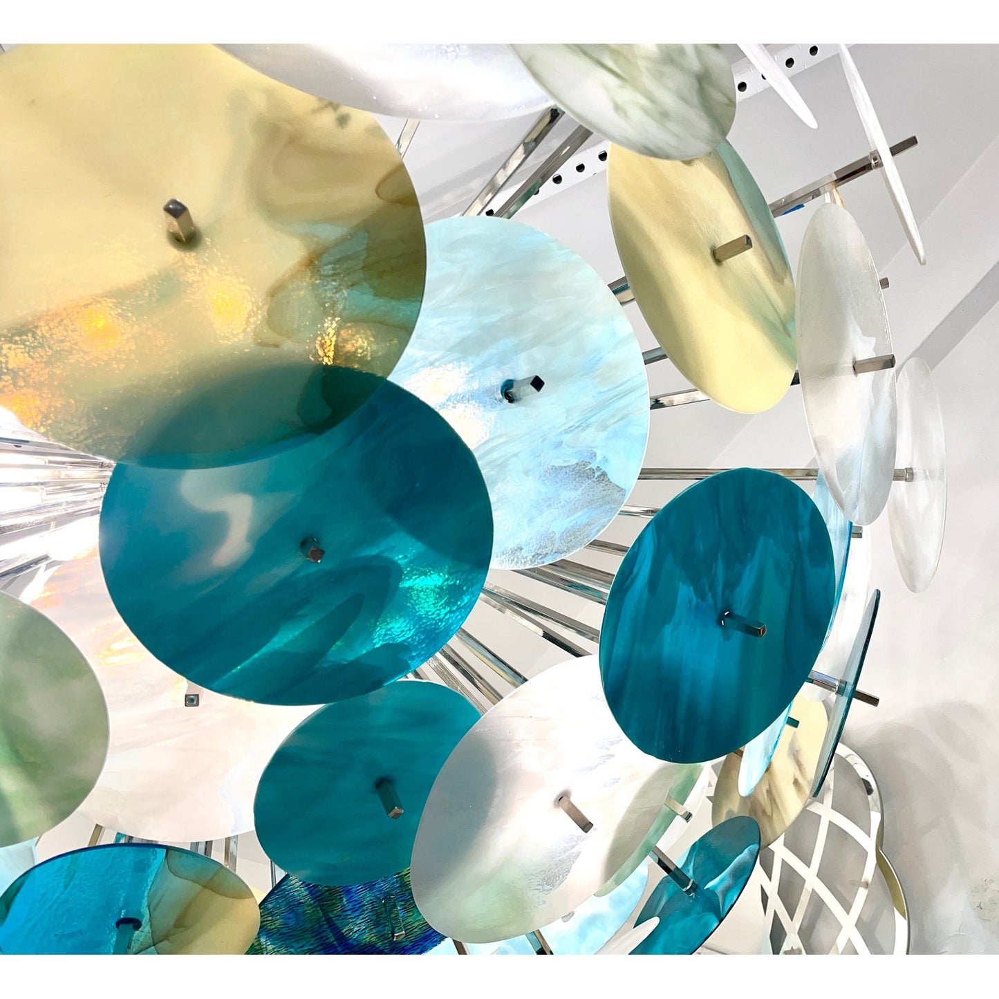 Modern Italian Aqua Blue Green White Cream Murano Glass Nickel Sputnik Flushmount