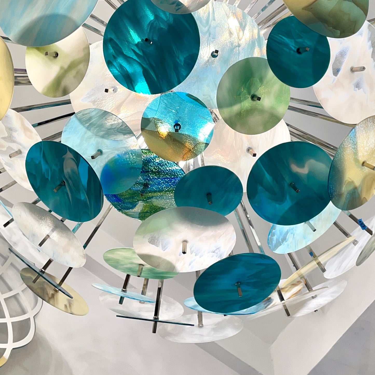 Modern Italian Aqua Blue Green White Cream Murano Glass Nickel Sputnik Flushmount