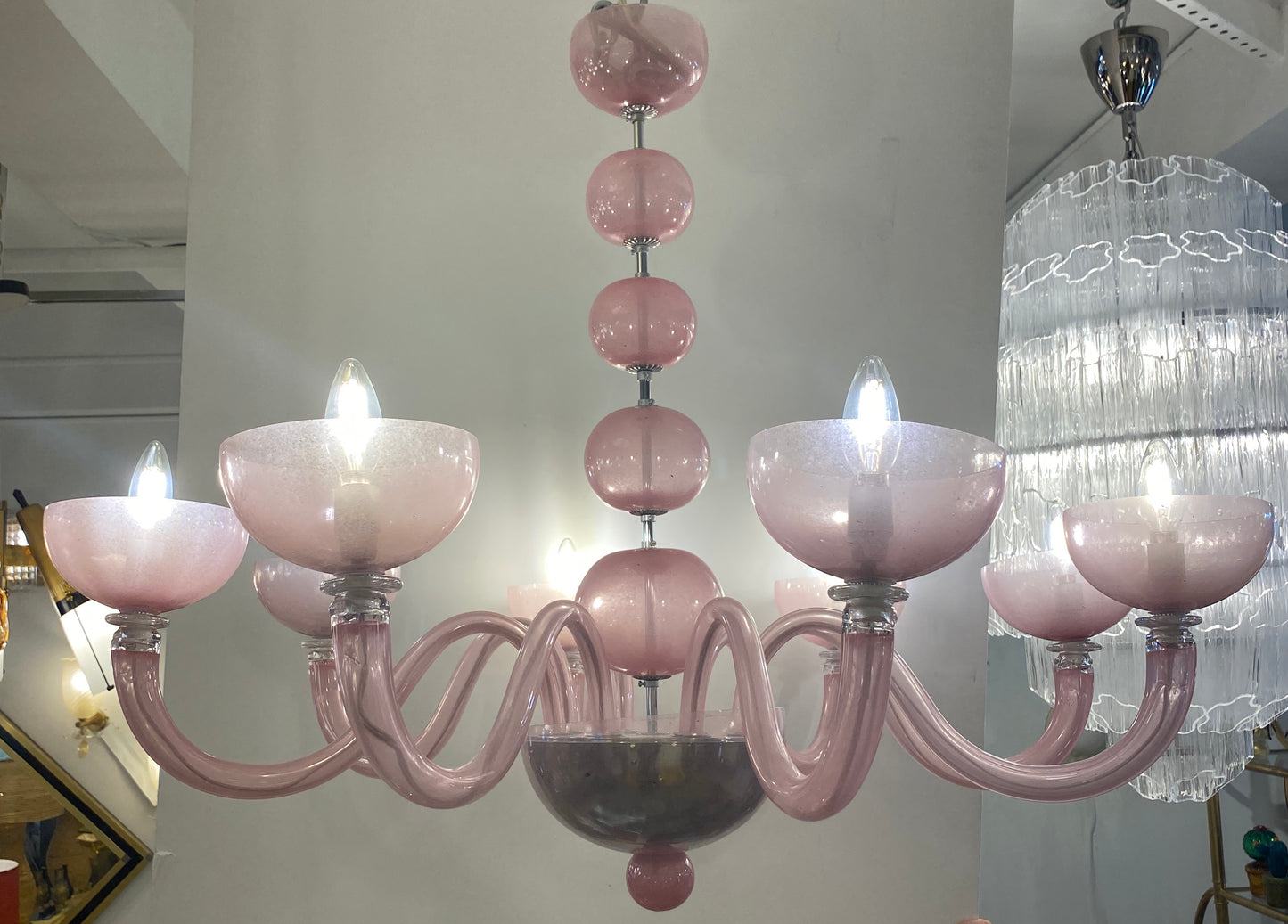 Contemporary Oxidized Murano Glass 8-Light Pink Chandelier with Nickel Finish
