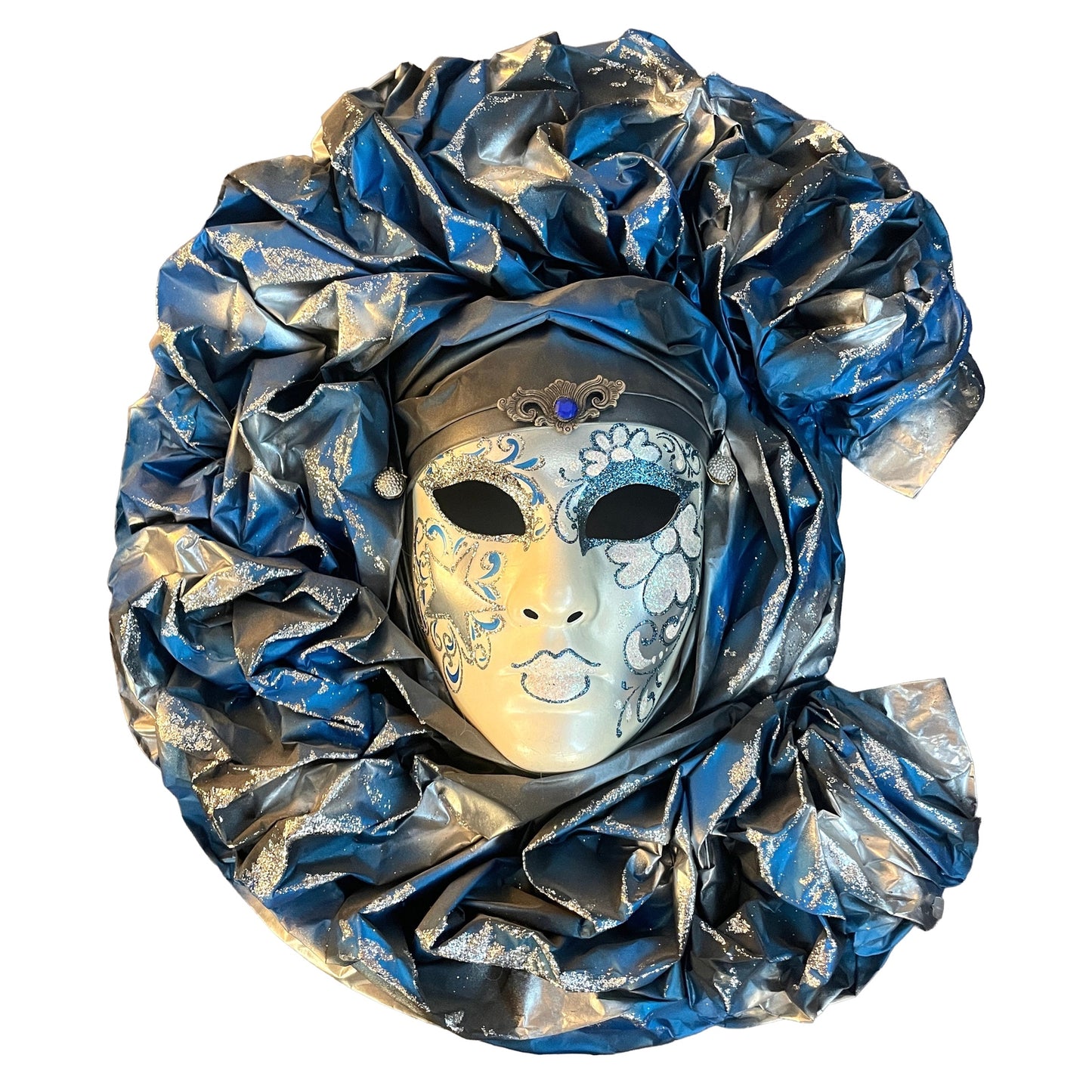 Italian Modern Venetian Carnival Handmade Silver White Blue Mask Flower Pleat