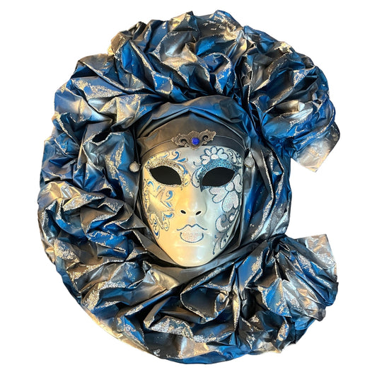 Italian Modern Venetian Carnival Handmade Silver White Blue Mask Flower Pleat