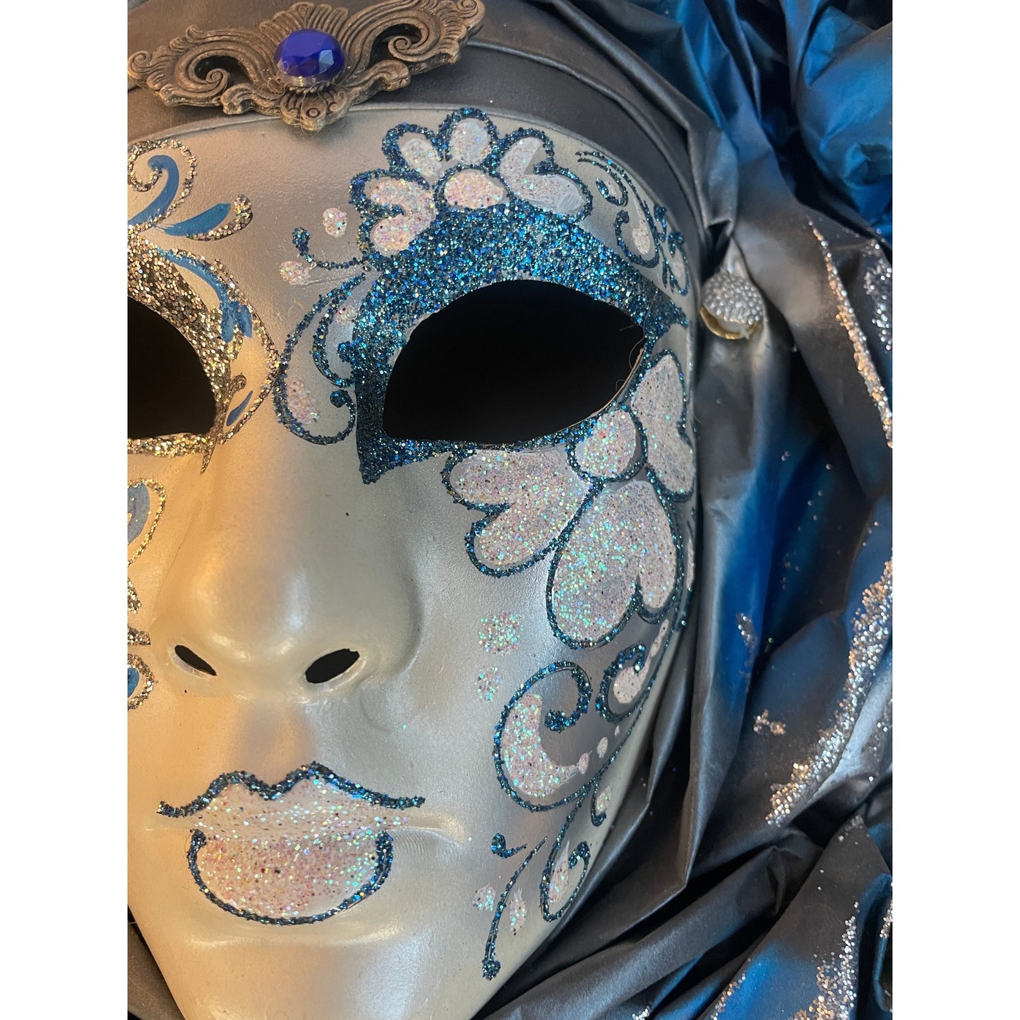 Italian Modern Venetian Carnival Handmade Silver White Blue Mask Flower Pleat