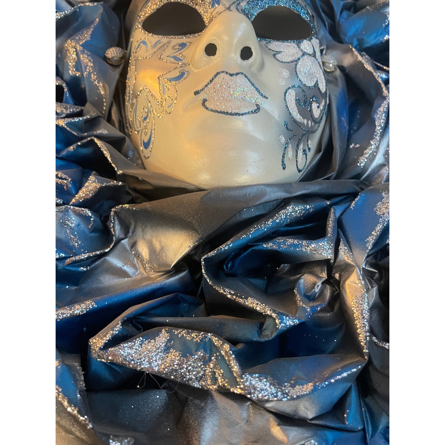 Italian Modern Venetian Carnival Handmade Silver White Blue Mask Flower Pleat