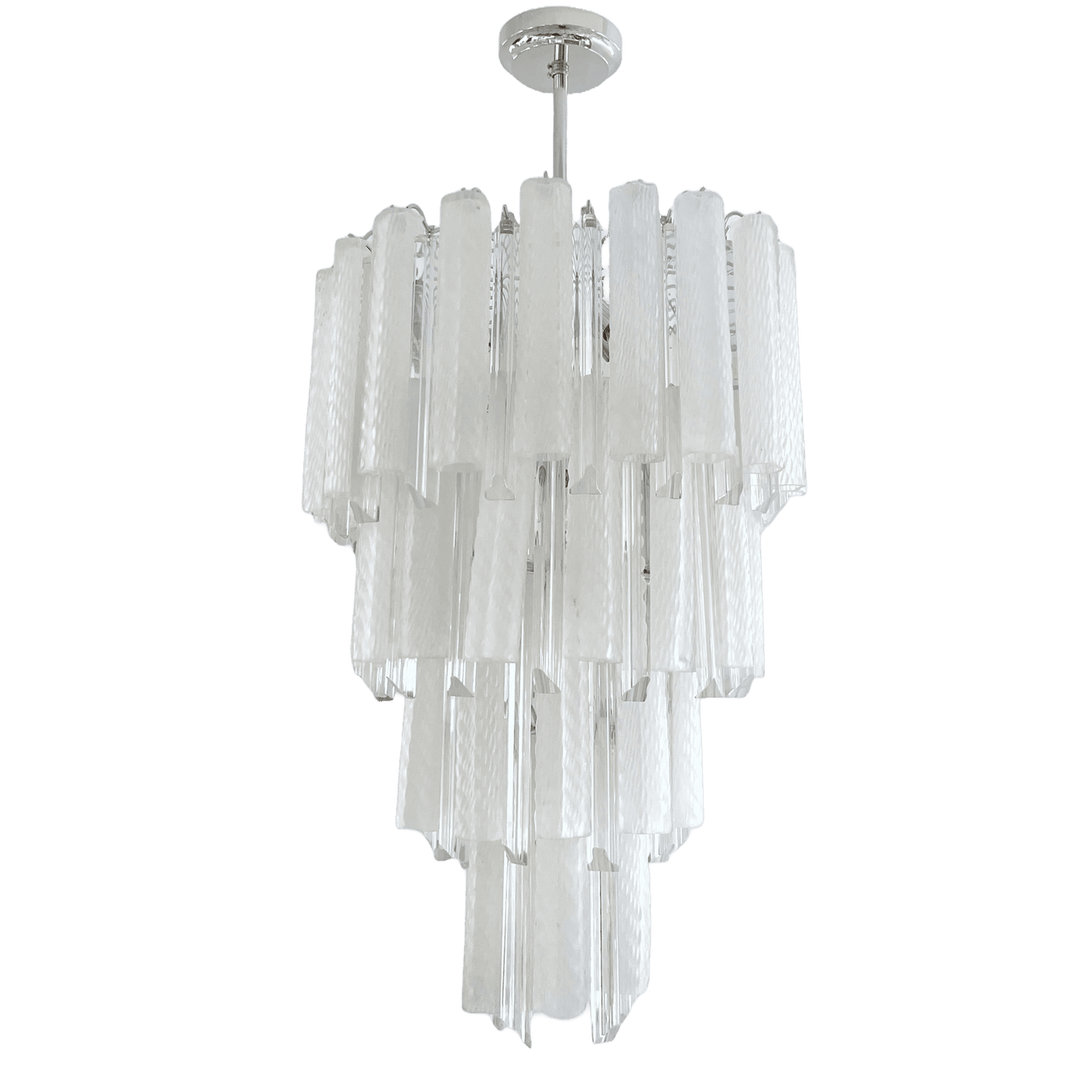 Venini 1960s Cylinder Crystal and White Murano Glass Round Chandelier on Nickel